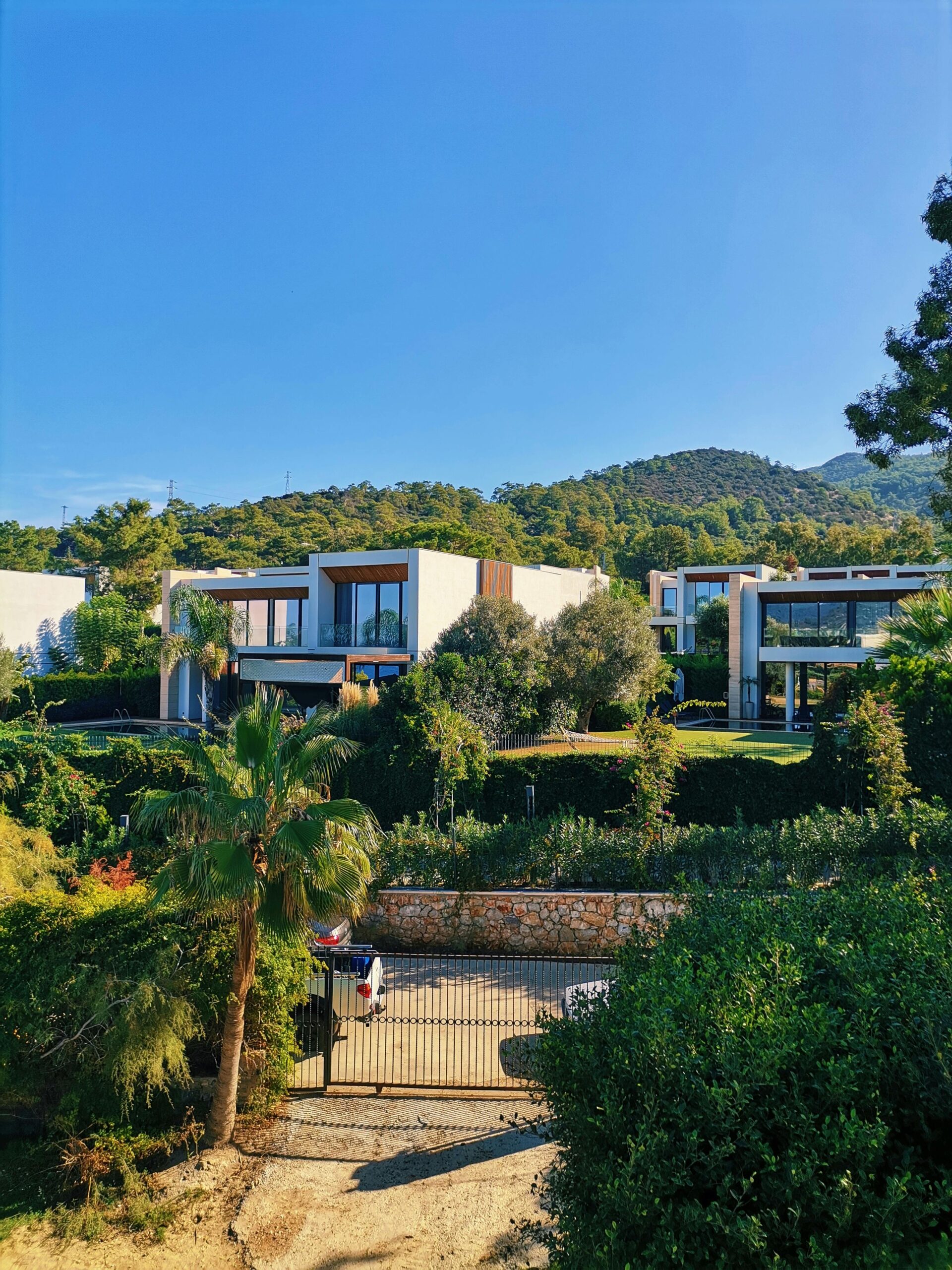 Beautiful modern villas surrounded by lush greenery in Muğla, Turkey.