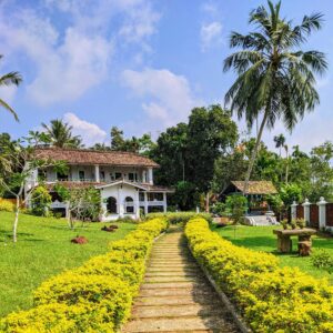 Beautiful colonial-style house surrounded by tropical garden with a clear blue sky.