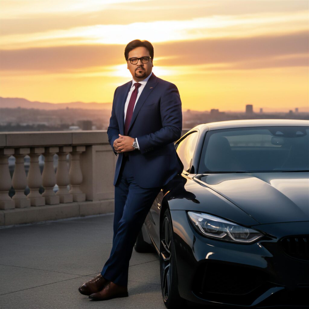 Confident businessman in a suit stands by a luxury car with a city skyline at sunset, exuding success and sophistication.